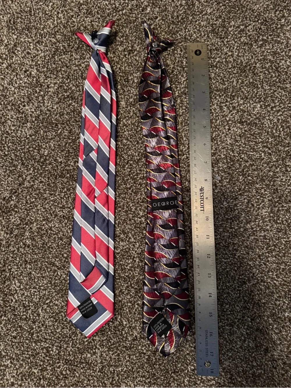 2 Clip On Neckties - Never Worn-Red & Navy Striped Tie and Burgundy Patterned